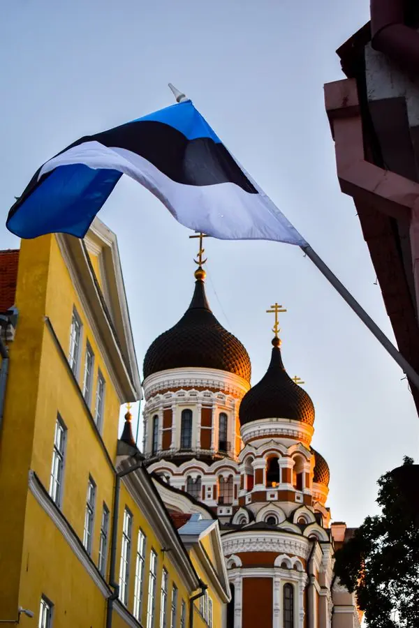 Estonian flag with Alexander Nevsky Cathedral, Tallinn