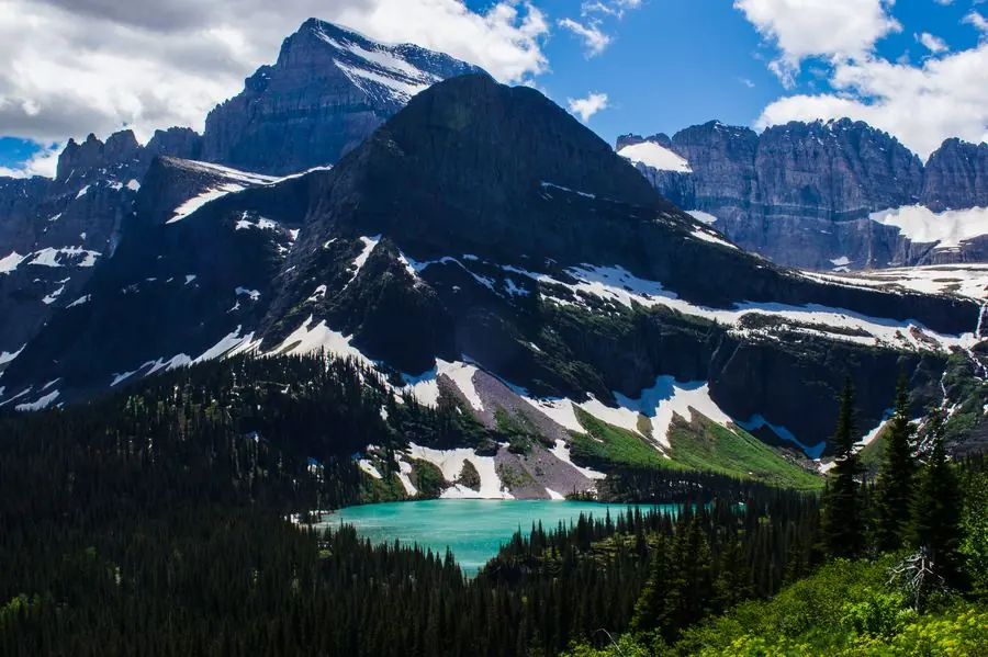 Turquoise glacial lake beneath snow-capped peaks