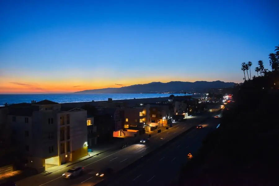 Aerial view of the coast highway at dusk