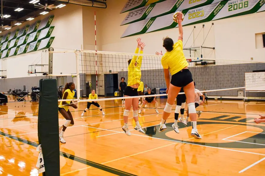 Oregon volleyball players blocking at the net
